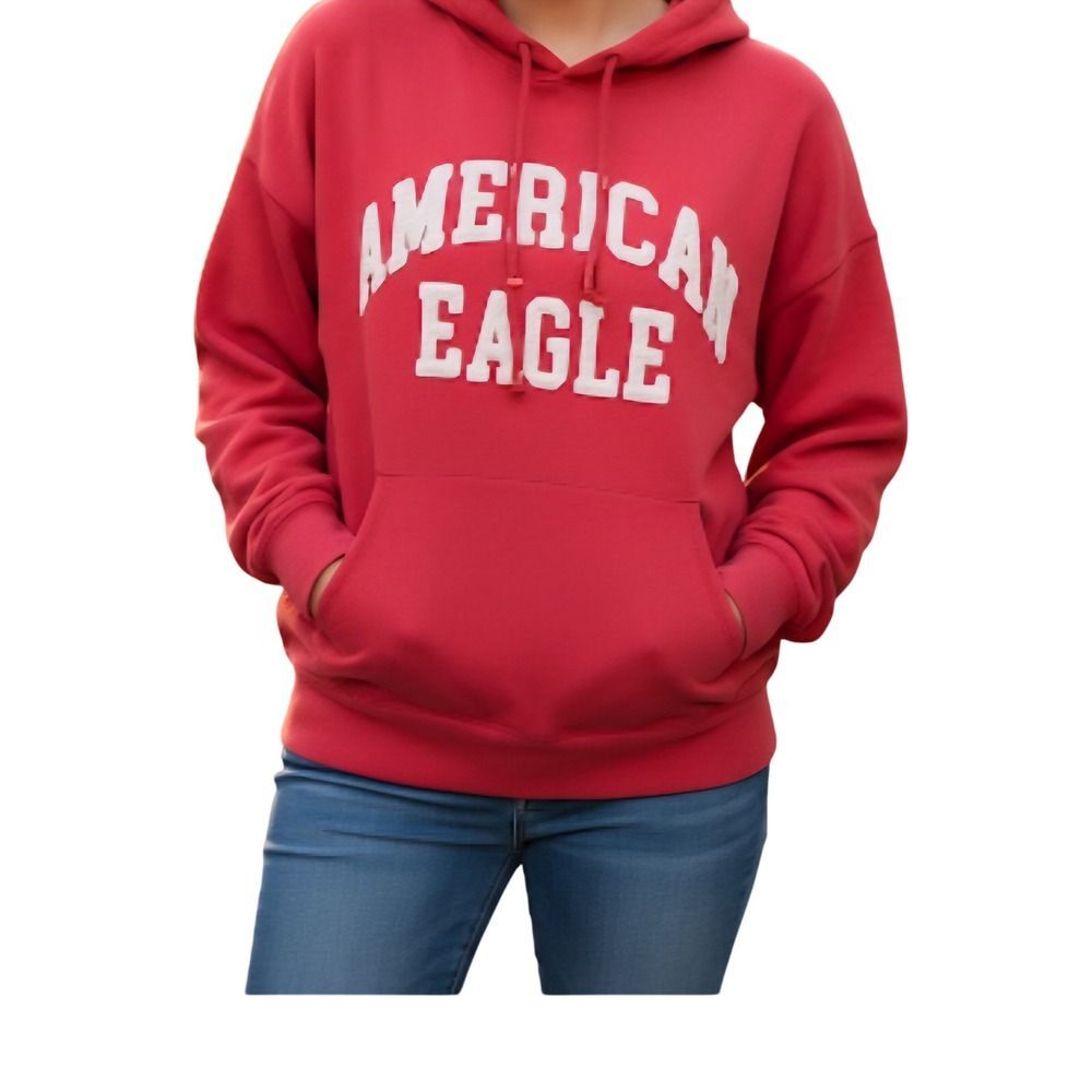 American Eagle Y2K Red White Spell Out Cozy Heavy Hooded Sweatshirt Pocket - Picture 2 of 13